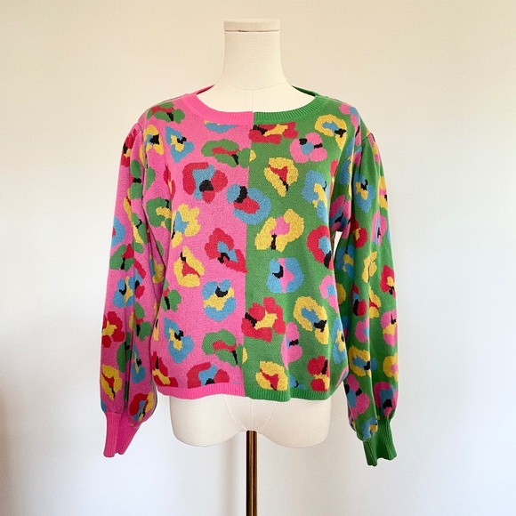 FARM Rio Sweaters - Farm Rio Colorful Leopard Sweater Women L Knit Artsy Bold Maximalist Colorful
